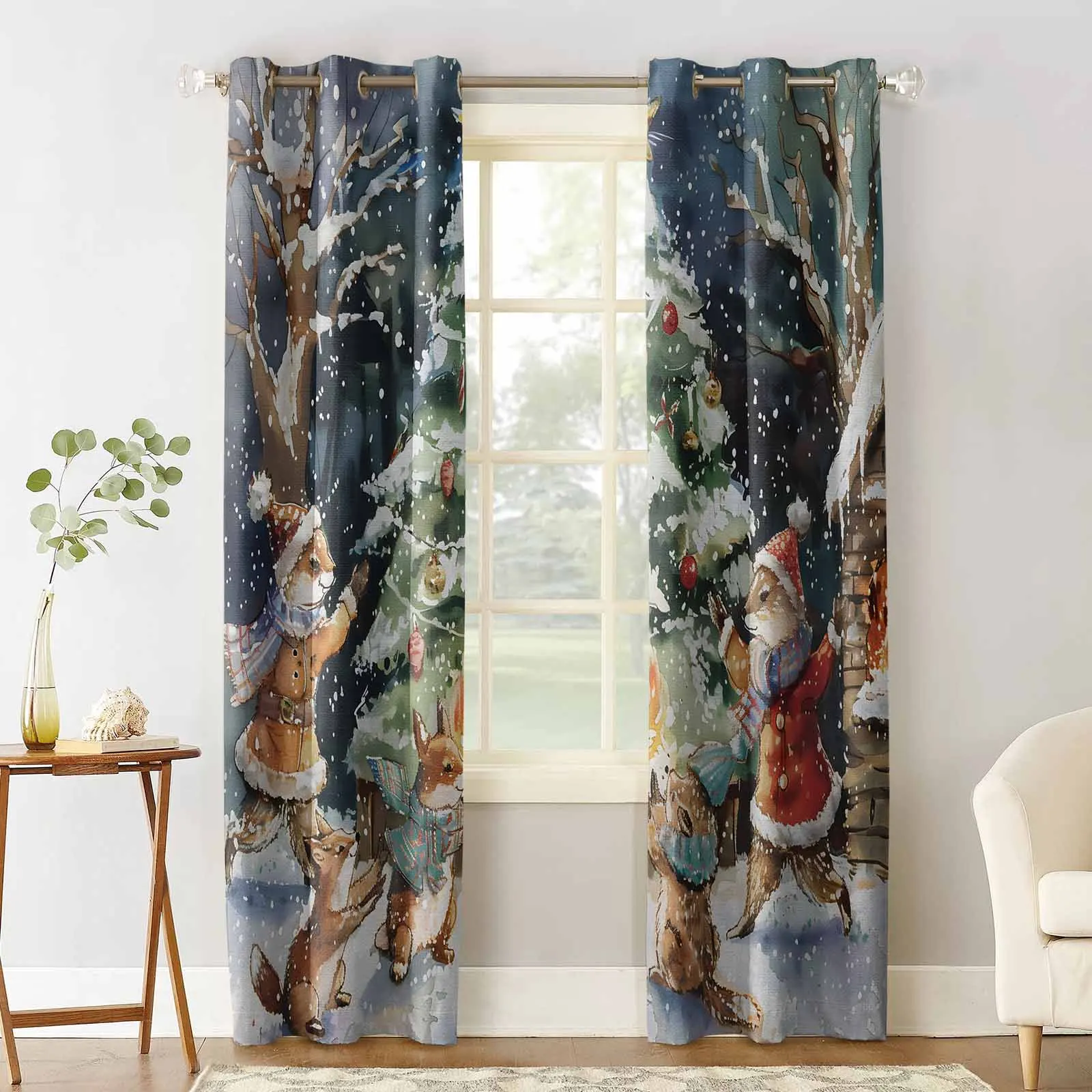 Christmas Tree Forest Moon Bonfire Animals Curtains For Kitchen Bedroom Window Treatment Curtains For Living Room Home Decor