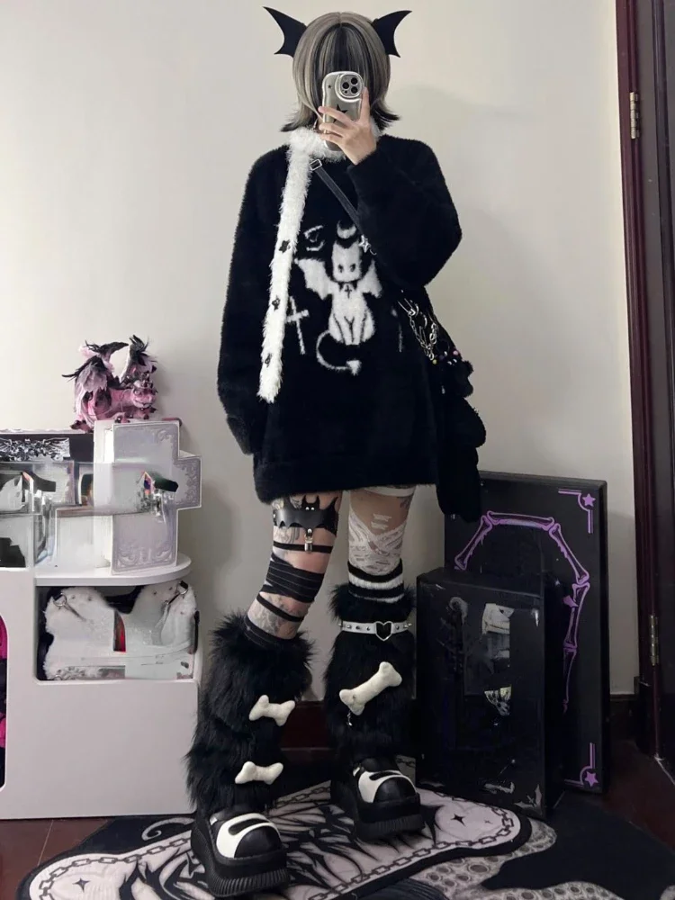 Harajuku Gothic Casual Oversized Knitted Jumpers Grunge Cartoon Sweater Fashion Knitwear Y2k Aesthetic Balack Loose Pullover