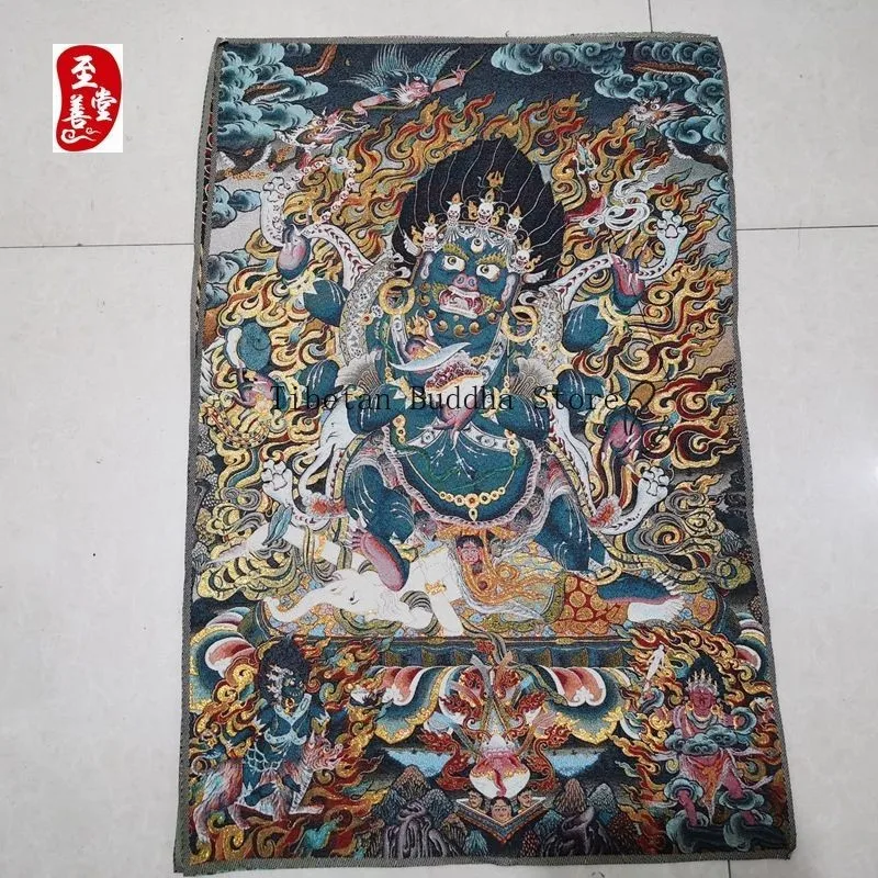 New Red Brocade Embroidery Thangka Wall Art Auspicious 3- Eyed Vajra