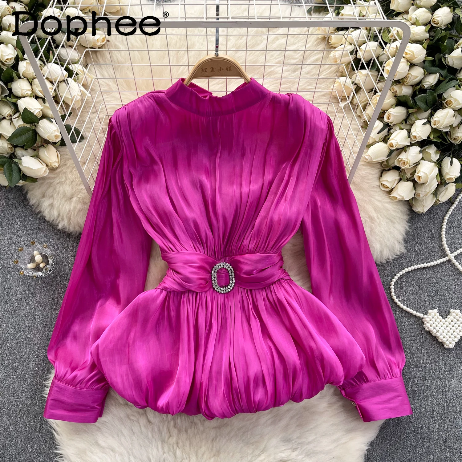 

French Style Retro Luxury Shirt Pleated Waist Tight Slimming Lotus Leaf Swing High Sense Spring Clothing Top Blouse Women