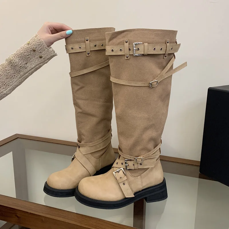 Aneikeh Round Toe Platform Chunky Heel Punk Suede Buckle Straps Knee High Boots Western Cowboy Motorcycle Boots Botas Mujer