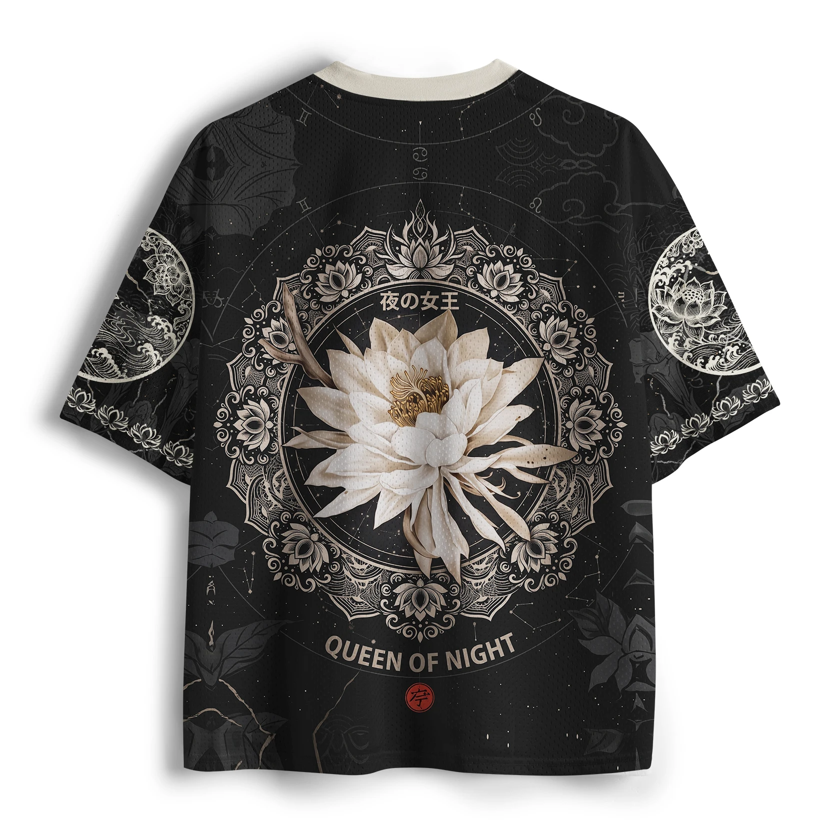 2026 Vintage Japanese Lotus Print Jersey Unisex Oversized V Neck Mesh Short Shirt Dark Floral Aesthetic Street Fashion Top