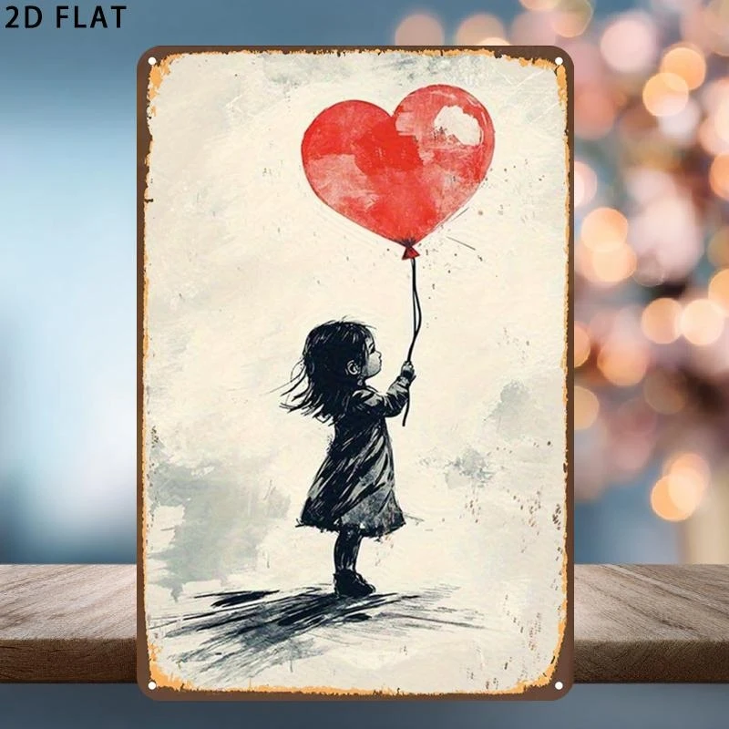 Young Girl Holding Heart-Shaped Balloon Art Piece 2DPlane Single Piece Wall Decal for Kids Room Decor