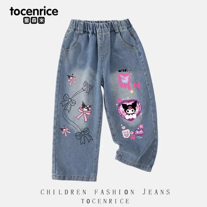 Kawaii Sanrios Jeans Cartoon Kuromi Children's Versatile Pants Korean Cute Cinnamoroll Girls Spring Fall Elastic Waist Trousers