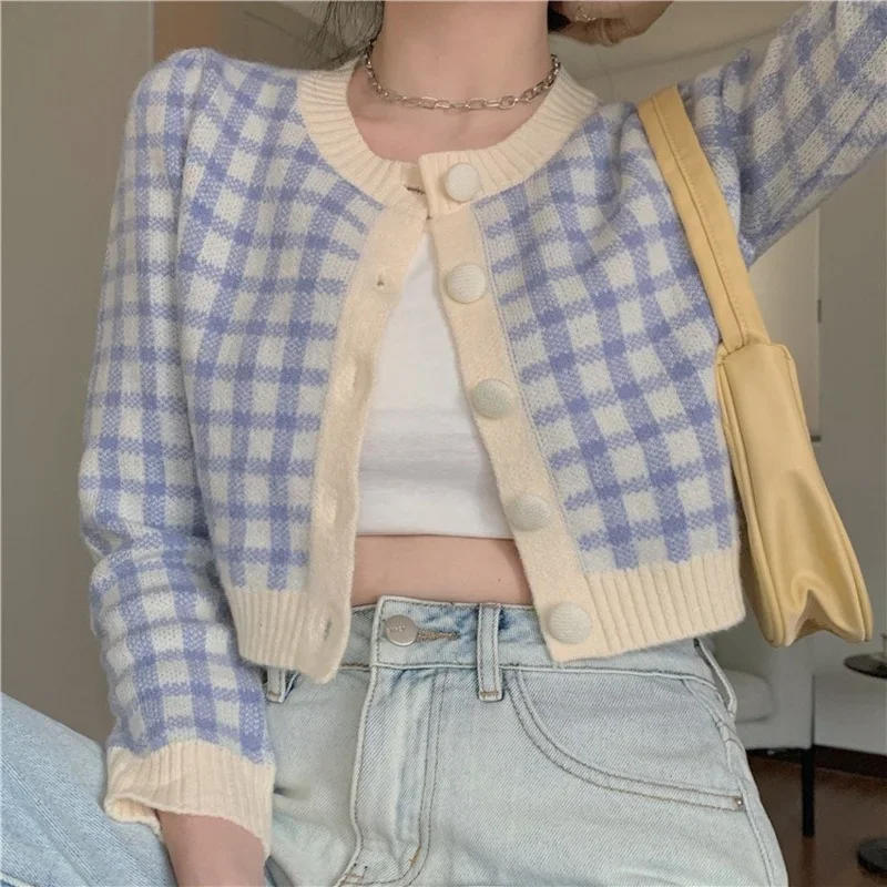 Women Extreme Short O-Neck Long Sleeve Single Breasted Cardigan Sweet Plaid Knitted Sweater Spring Autumn Loose Casual Sweater