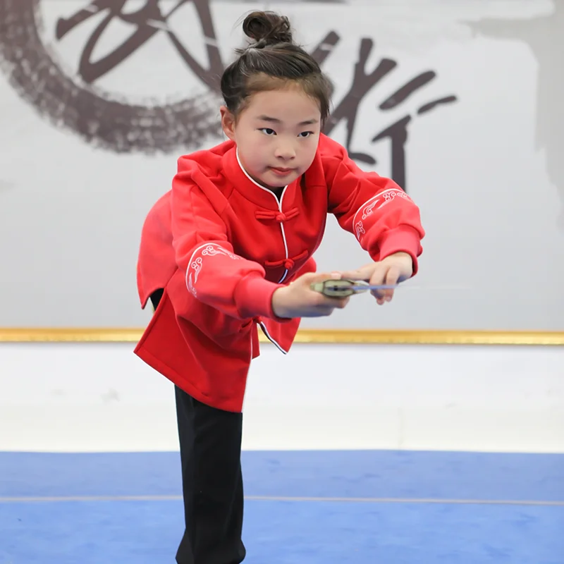 Kids Fleece Lined Chinese Style Wushu Training Uniform Martial Arts Sportswear Set Long Sleeve Warm Fall Winter Kung Fu Outfit