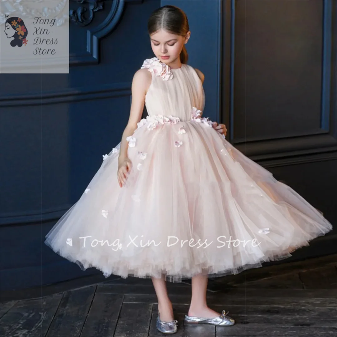 

Tulle Puffy With Flowers And Petals Flower Girl Dresses Sleeveless For Wedding Birthday Party First Communion Gowns