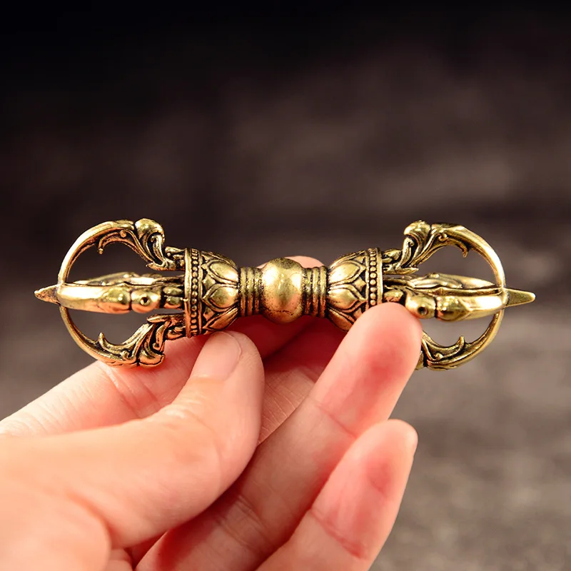 Vintage Brass Vajra Tibetan Buddhist Lama Demon-subduing Vajra Sceptre Decor Hand Carving Fengshui Ornament Home Decor