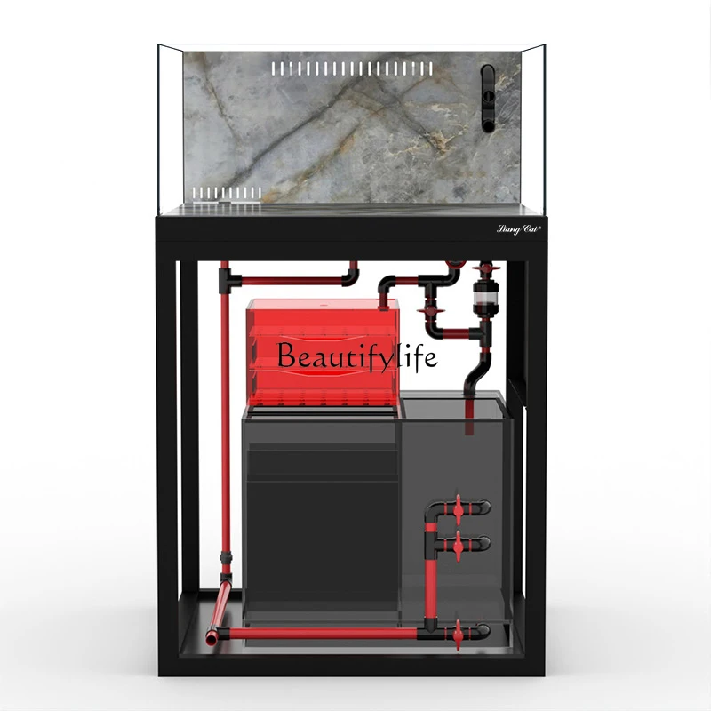 

Industrial Style Starry Sky Stone Board Square Tank Five Lines Ultra White Glass Back Overflow Professional Goldfish Tank