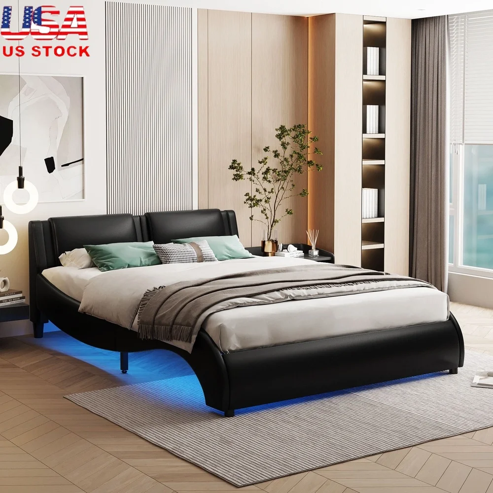

Modern Upholstered Full Size Platform Bed with RGB LED Light Headboard Under Bed Storage and Sturdy Wood Frame Kids Teens Adults