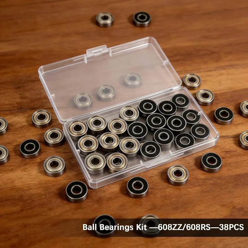 38PCS 608RS & 608ZZ Ball Bearings Assortment Kit Carbon Steel Deep Groove Bearing for Furniture Wheel Roller Skates 3D Printing