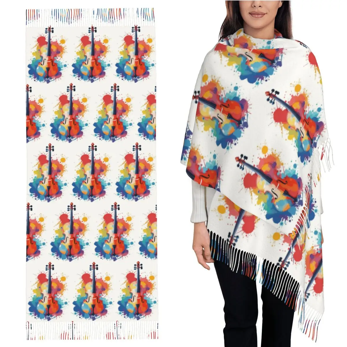 

Виолончель в аквареле, шарф, шарфы с кисточками для женщин, мягкие теплые шали и накидки, длинная осенне-зимняя шаль