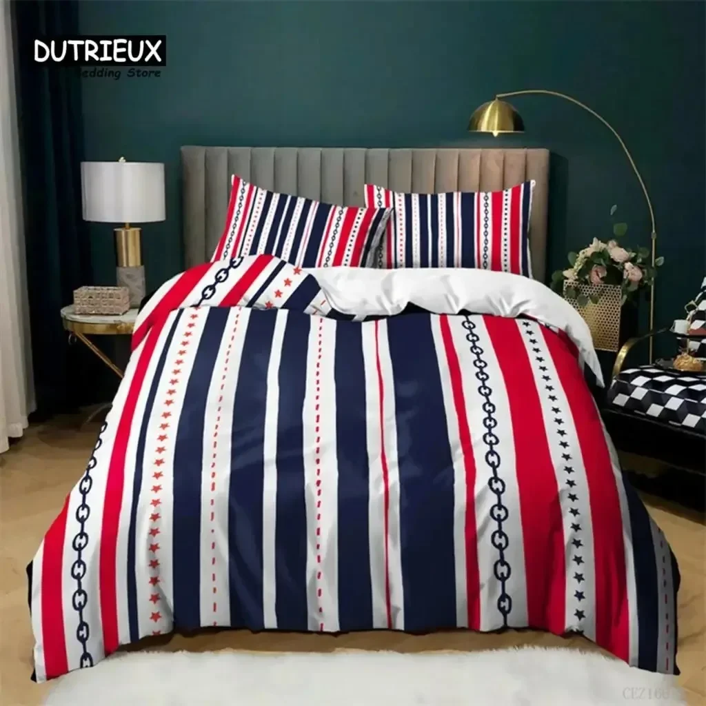 National Flag Bedding Set Queen Size Microfiber Geometric Stripe American Flag Print Duvet Cover With Pillowcases Bedroom Decor