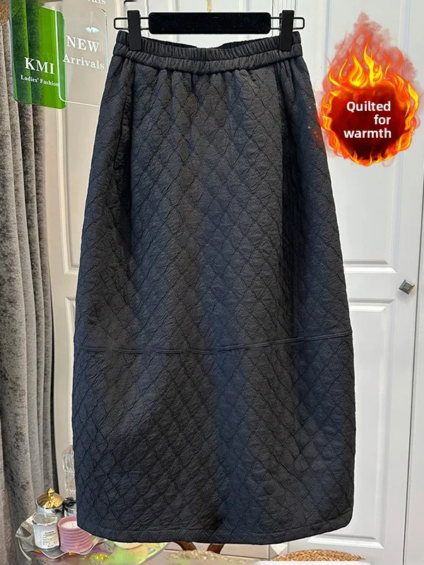 Falda acampanada con cintura elástica y patrón de diamantes para mujer, falda larga holgada, versátil y cálida de algodón, talla grande, invierno 2025