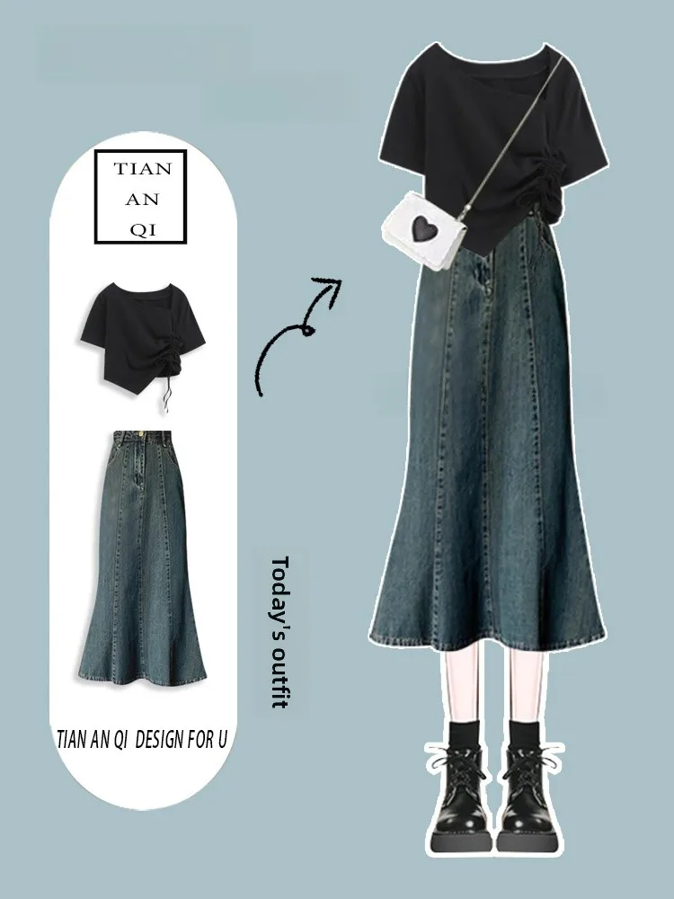 Été romantique Vintage ort Sve jupe en jean Dr femmes T-shirt deux pièces ensemble taille haute a-ligne Fi queue robe
