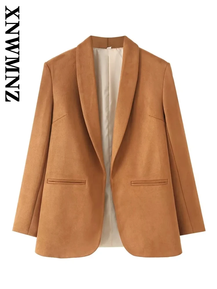 XNWMNZ 2024 Autumn Female Casual V-Collar Suede Outerwear Suit Coat Chic Woman Long Sleeve Blazer Ruffles Loose Fit Pockets Top