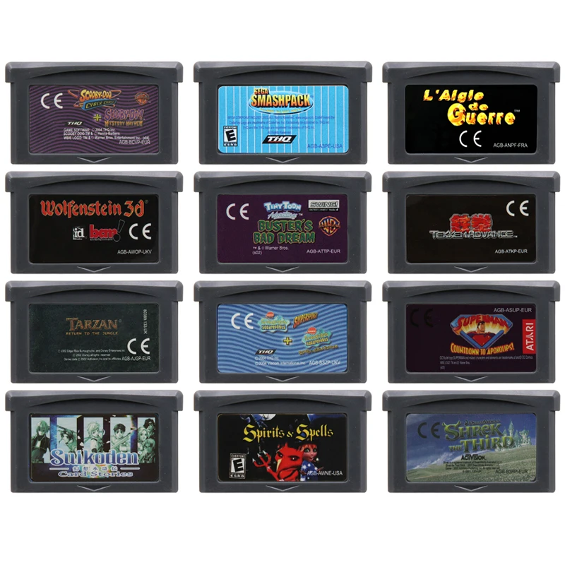 

GBA Game Cartridge Shrek the Third Spirite and Spells Suikoden Tarzan Tekken Wolfenstein 3D 32 Bit Video Games Console Card