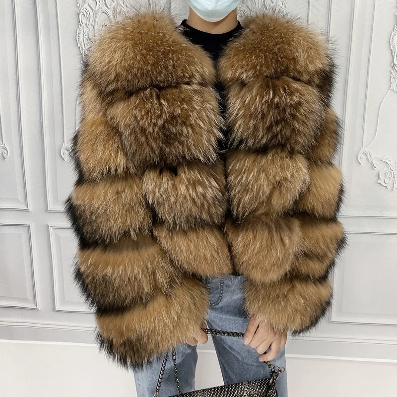 Women Winter New Design Hooded Raccoon Fur Coat Ladies Short Natural Racoon Fur Jacket With Detachable Hood