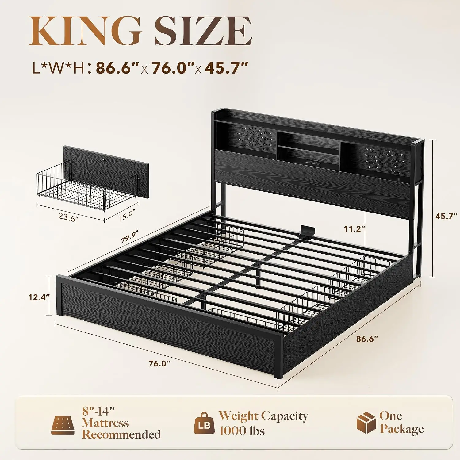 King Bed Frame 6 Drawers Carving Headboard Wood Charging LED Lights No Box Spring Noise-Free Easy Assembly Black, Customized