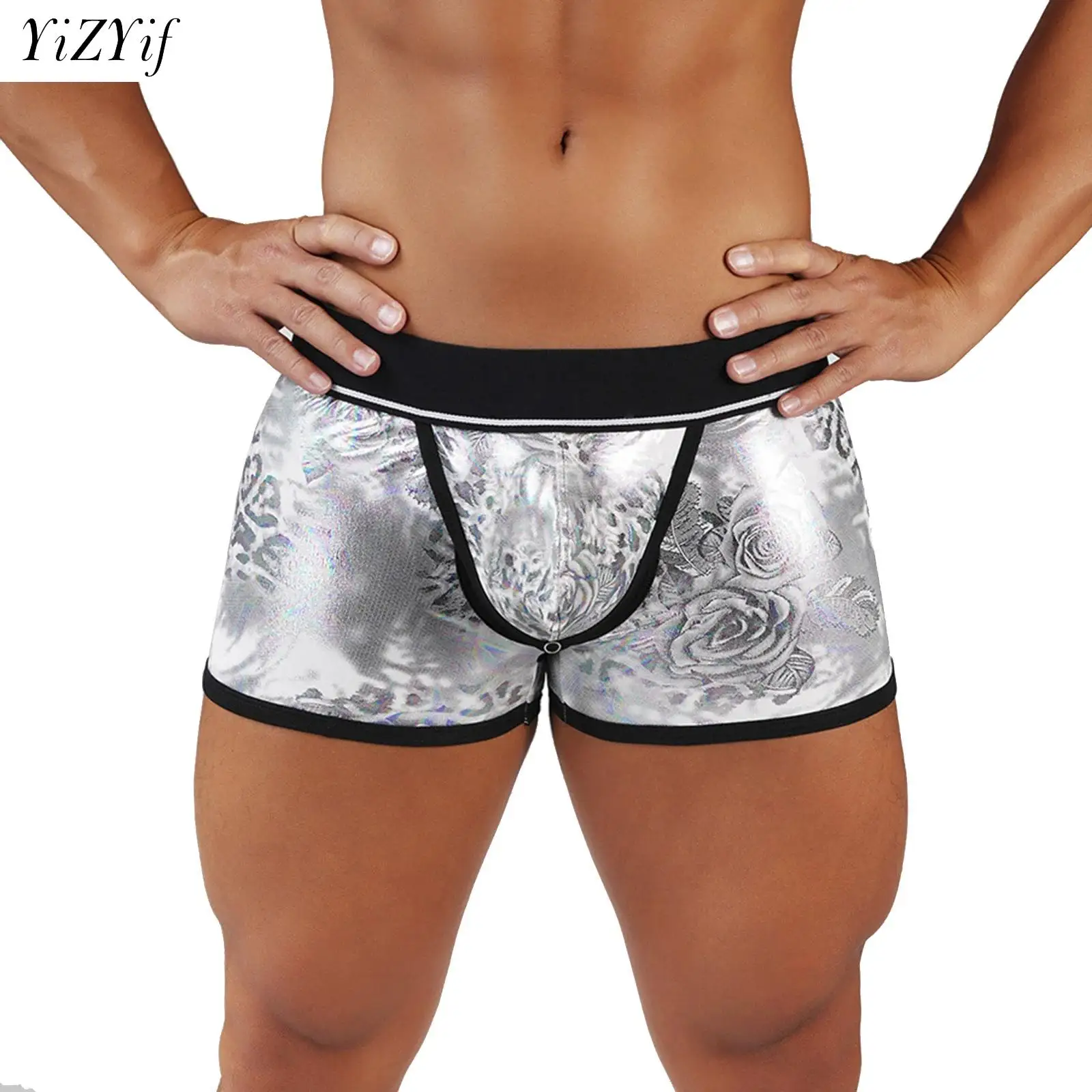 Mens Low Rise Boxer Shorts Metallic Shiny Hollow Out Pouch Open Back Briefs Fancy Underwear Lingerie for Couple Games Nightclub