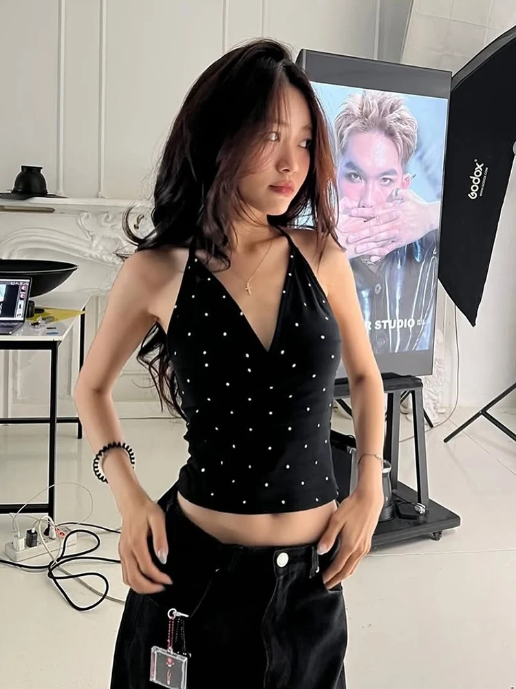 Weird Puss Polka Dot Print Tank Tops Women V-Neck Halter Lace-Up Backless Sleeveless Skinny Sexy Daily Street Summer Basic Vest