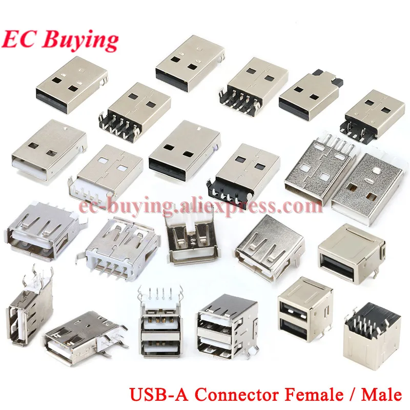 5-20Pcs USB Female Male Connect Port 2.0 Type A Female 4 Pin Charge Plug Socket Jack Connector 180° 90° Pin Wire Adapeter USB-A