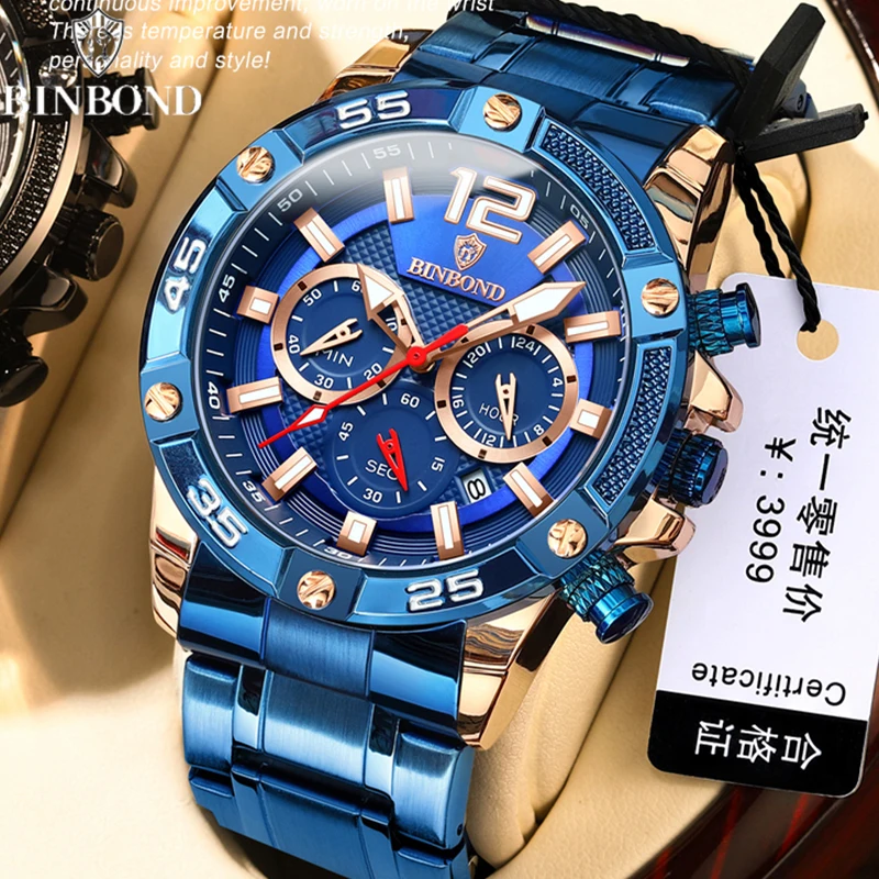 

BINBOND Boutique Business Men's Watch Waterproof Luminous Chronograph Quartz Fashion Multifunctional Stainless Steel Men's Watch