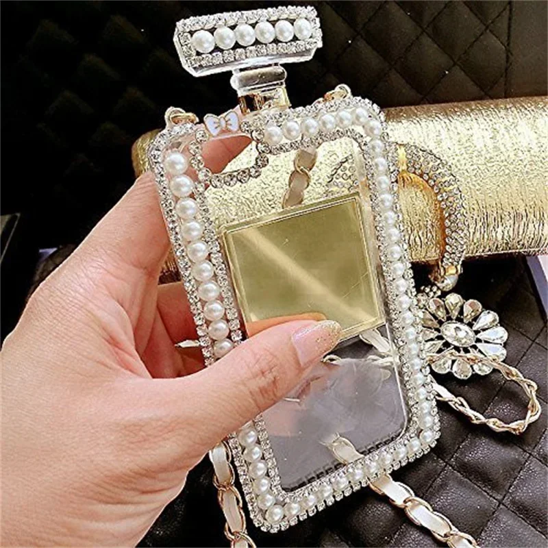 Fashion Bling Diamond Pearl Perfume Bottle Chain Handbag Cover For iPhone 13 14 12 16Pro X XS MAX XR 15  16Plus Phone Case