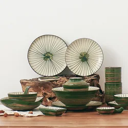 Green Striped Japanese Tableware Set, Flower Shaped Plate, Two Grid Dish, Hand-painted Soup Bowl, Snack Tray, Dining Tools