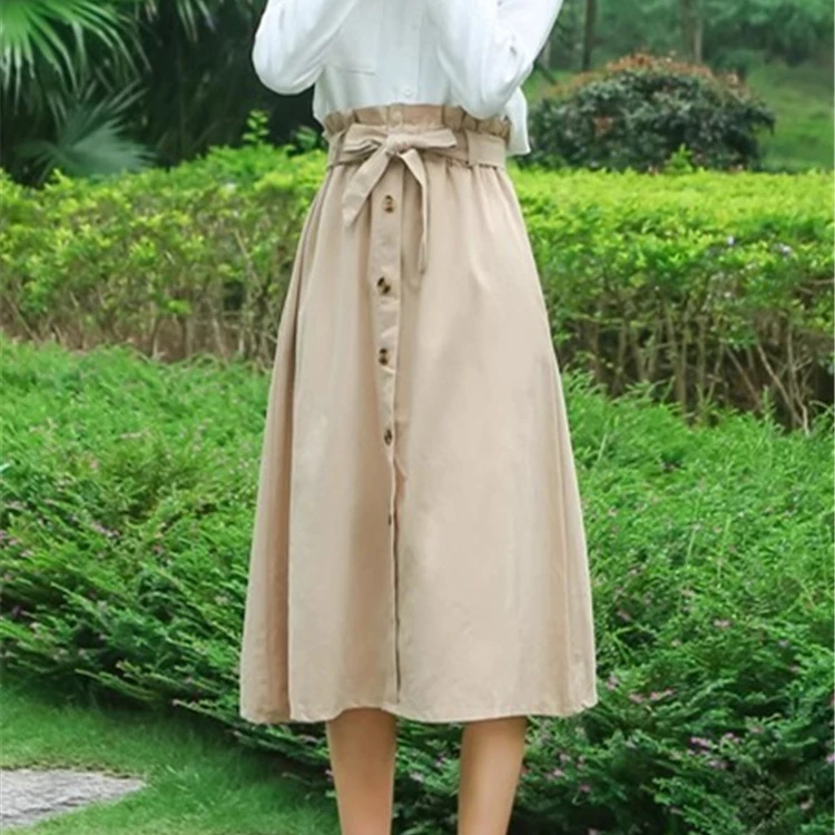 Summer New High Waist Elastic Pocket  Artistic Full Skirt Single Button Half Skirt Korean Style Versatile Pure Color A-L...