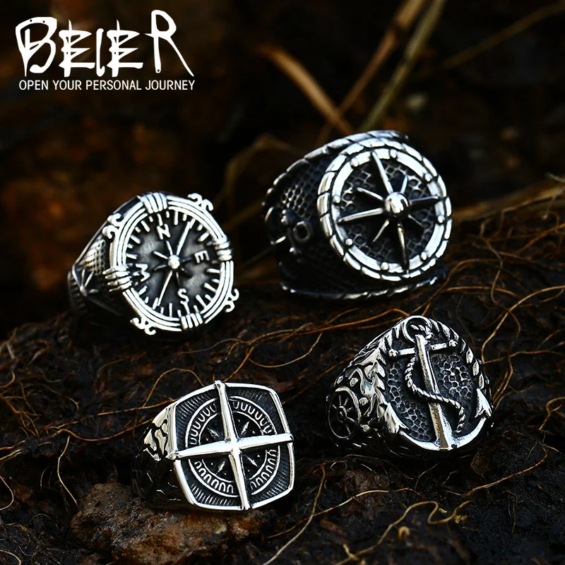 Beier 316L Stainless Steel Lychee Norse Viking Amulet Geometric Men Pirate Compass Cross Finger Ring Vintage Jewelry LR108