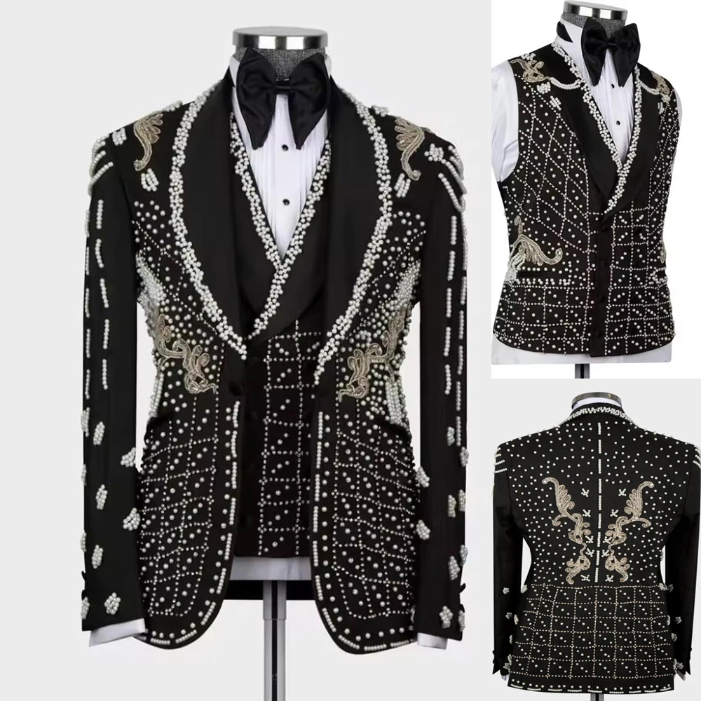 

Exclusive Beaded Pearls Suit Men For Wedding 3 Piece Set Single Breasted Groom Blazers Outfits Slim Fit Banquet Party Tuxedos