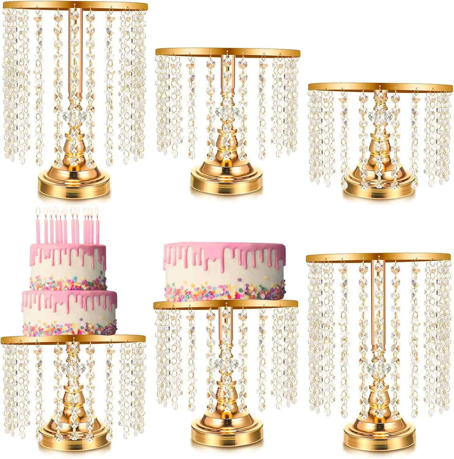 6-Piece Gold Cake Stand Set with Crystal Embellishments, Party Dessert Display Stands