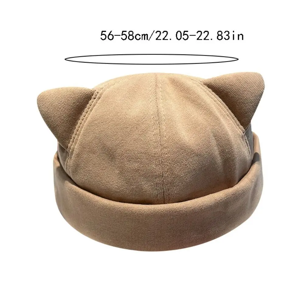 Winter Wool Cat Ear Beanie Hat Casual Polyester Melon Skin Cap Soft Solid Color Brimless Skullies Cap Streetwear