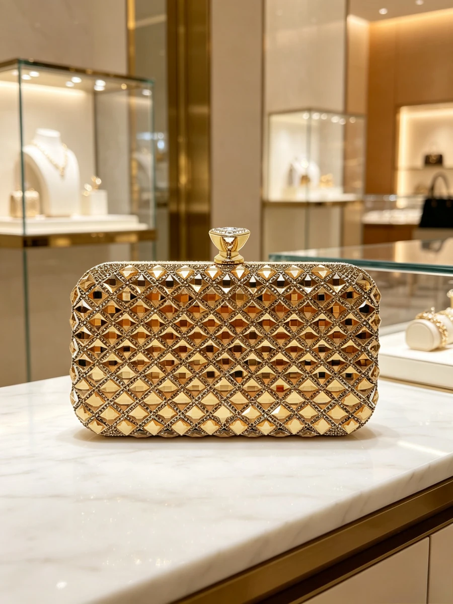 Full Gold Grid Baguette Rhinestone Hollow Rectangle Lock Clutch Luxury Eye-catching Evening Bag For Middle Women Wedding Banquet