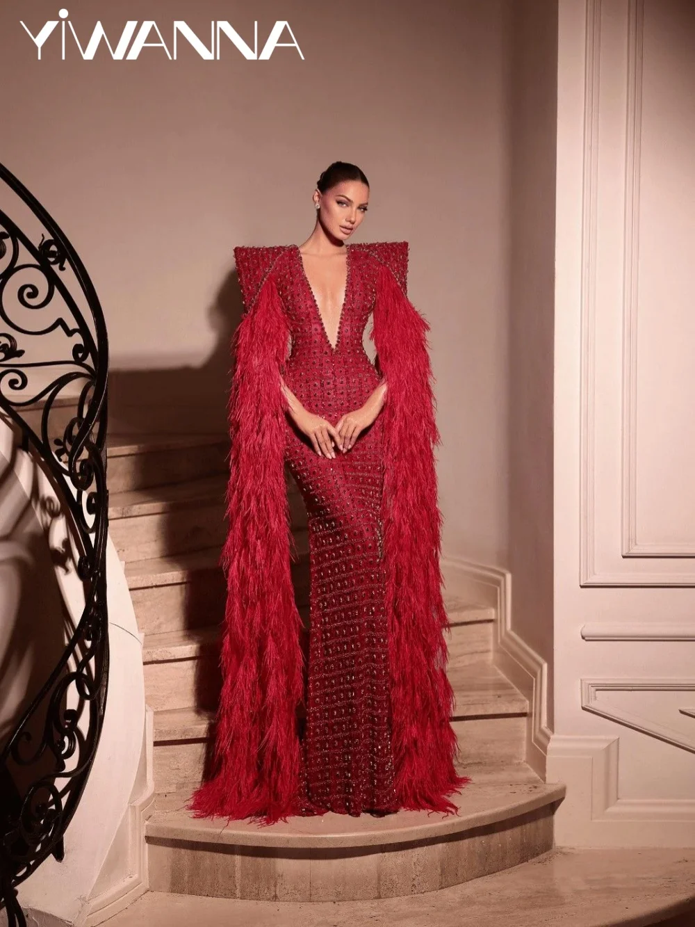 Red Feathered Cape Sleeve Evening Dress Glamorous Crystal Long Wedding Party Gown Customized Gorgeous Vneck Banquet Dresses
