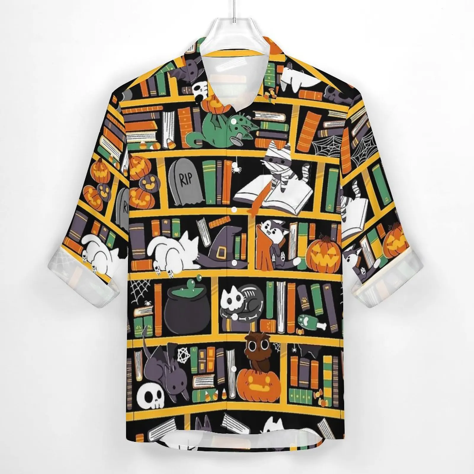 Halloween Library Cat Shirt Man  Casual Shirts Spring Street Style Graphic Blouses Long Sleeve Fashion Oversized Tops Gift Idea