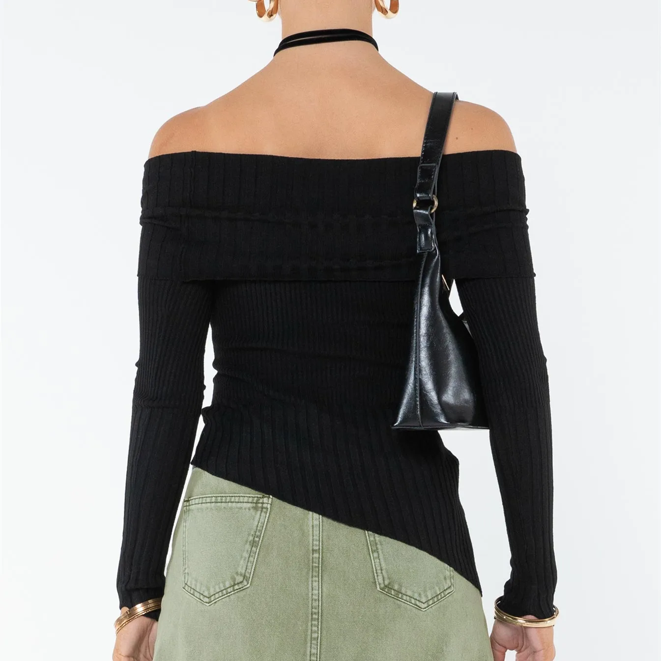 Gaono Sexy Women Knit Off The Shoulder Top Ribbed Slim Lettuce Edge Cropped Sweater Lone Sleeve Overlock Fall Fahion Outfits