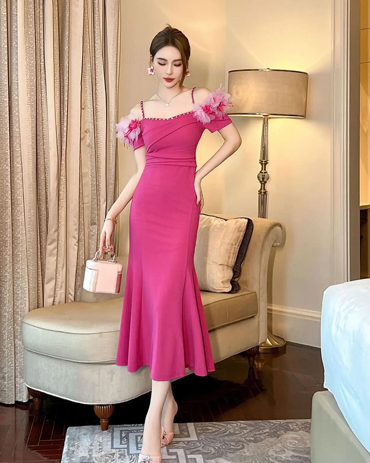 

Customized High Quality Jersey Mermaid Spaghetti Straps Crystal 3D Flowers Evening Dress Delicate Short Sleeves prom dresses