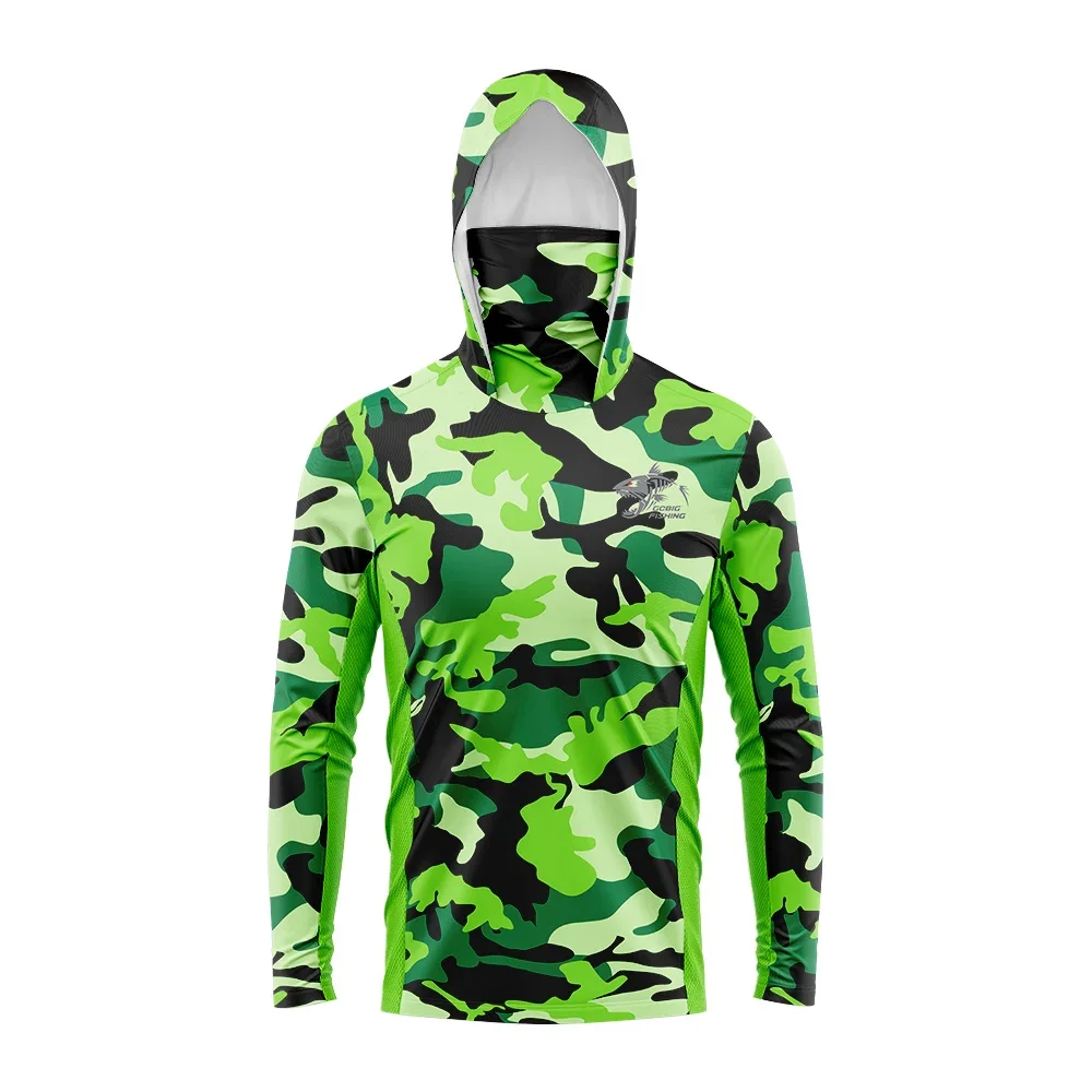 Men's Fishing Hooded Long Sleeve Shirt Built In Mask Anti UV 50 Plus Quick Dry Breathable Outdoor Loose Performance Top