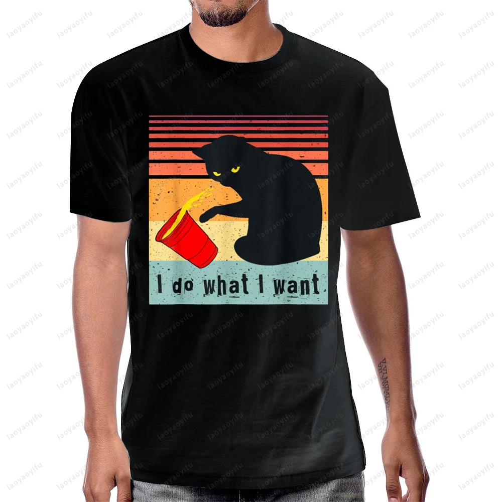 افعل ما أريد خمر القط الأسود كوب أحمر مضحك قطتي تي شيرت الصيف الشارع الشهير موضة عادية كم قصير Y2K للجنسين تي شيرت #4