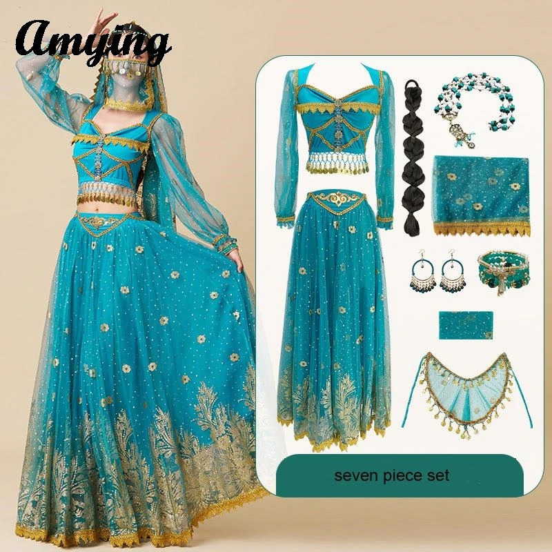 Women Long Sleeved Costume Arab Indian Festival Cosplay Performance Outfit Belly Dance Big Swing Long Dress Princess Clothing