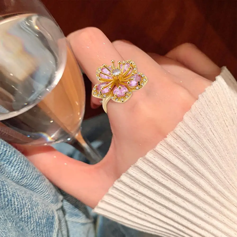 Flower Finger Ring Adjustable Flower Shape Ring for Women Shiny Cubic Zirconia Finger Jewelry Exquisite Workmanship Elegant