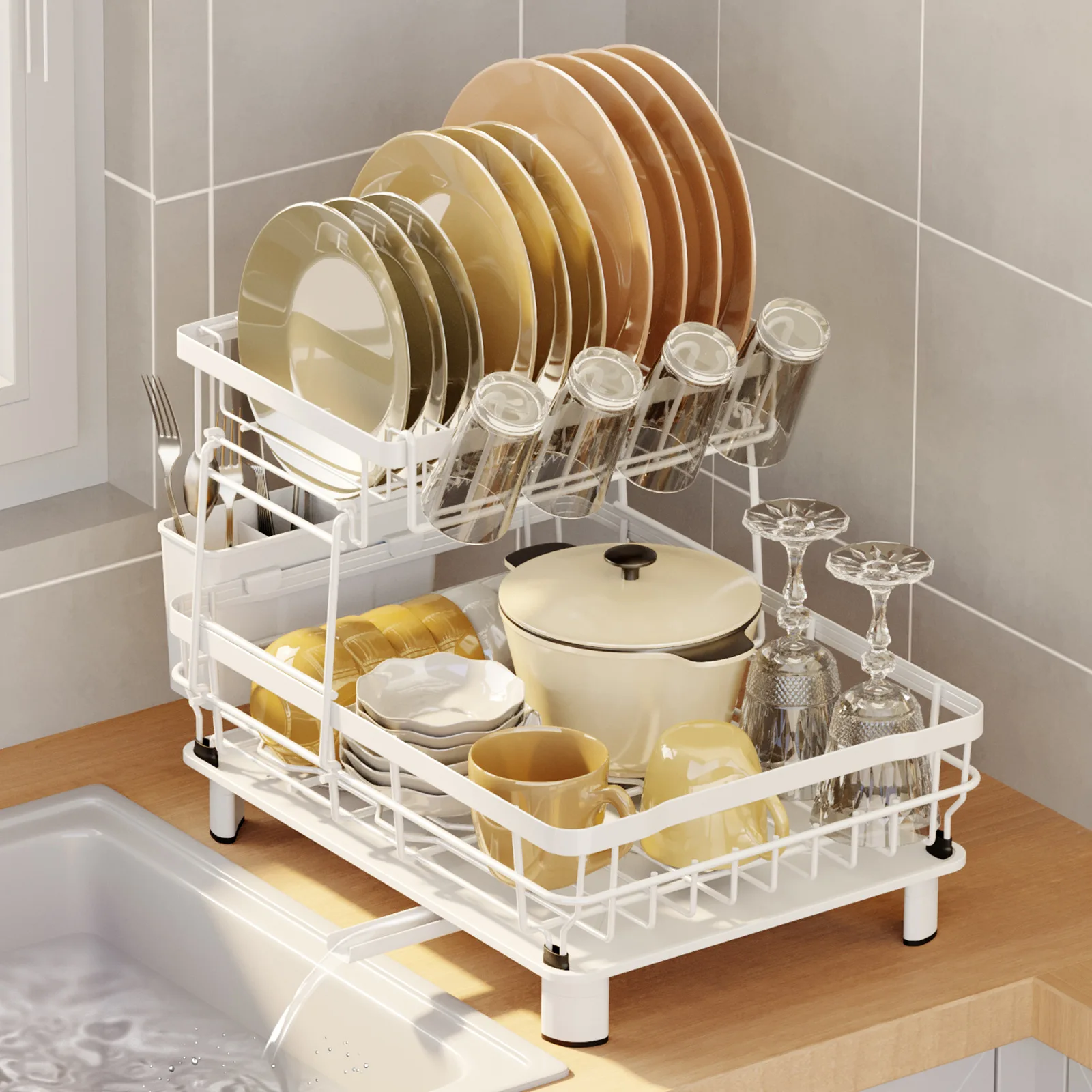 Over Sink Plate Drainer Storage Organizer Stainless Steel Dish Drying Rack Adjustable Kitchen Plates Organizer with Drainboard