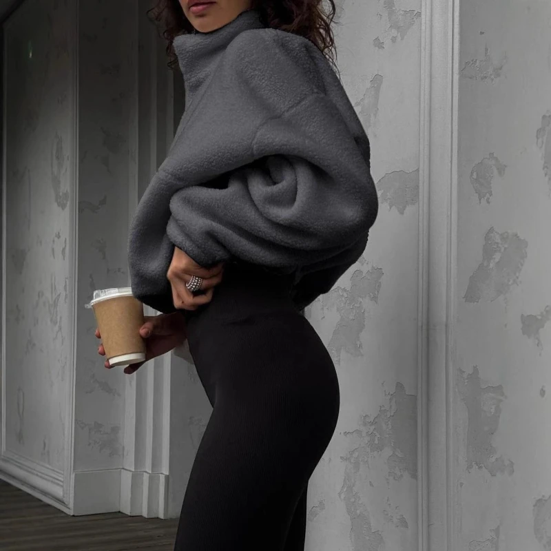 2025 가을/겨울 신상 단색 양털 두꺼운 반지퍼 후드 여성용 따뜻한 코트