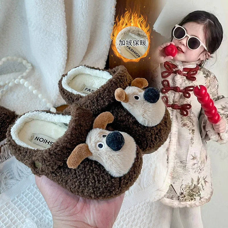 

Зимние хлопковые тапочки для девочек с рисунком собаки, модная детская уличная обувь принцессы с мягкой подошвой, теплая детская плюшевая повседневная обувь для малышей