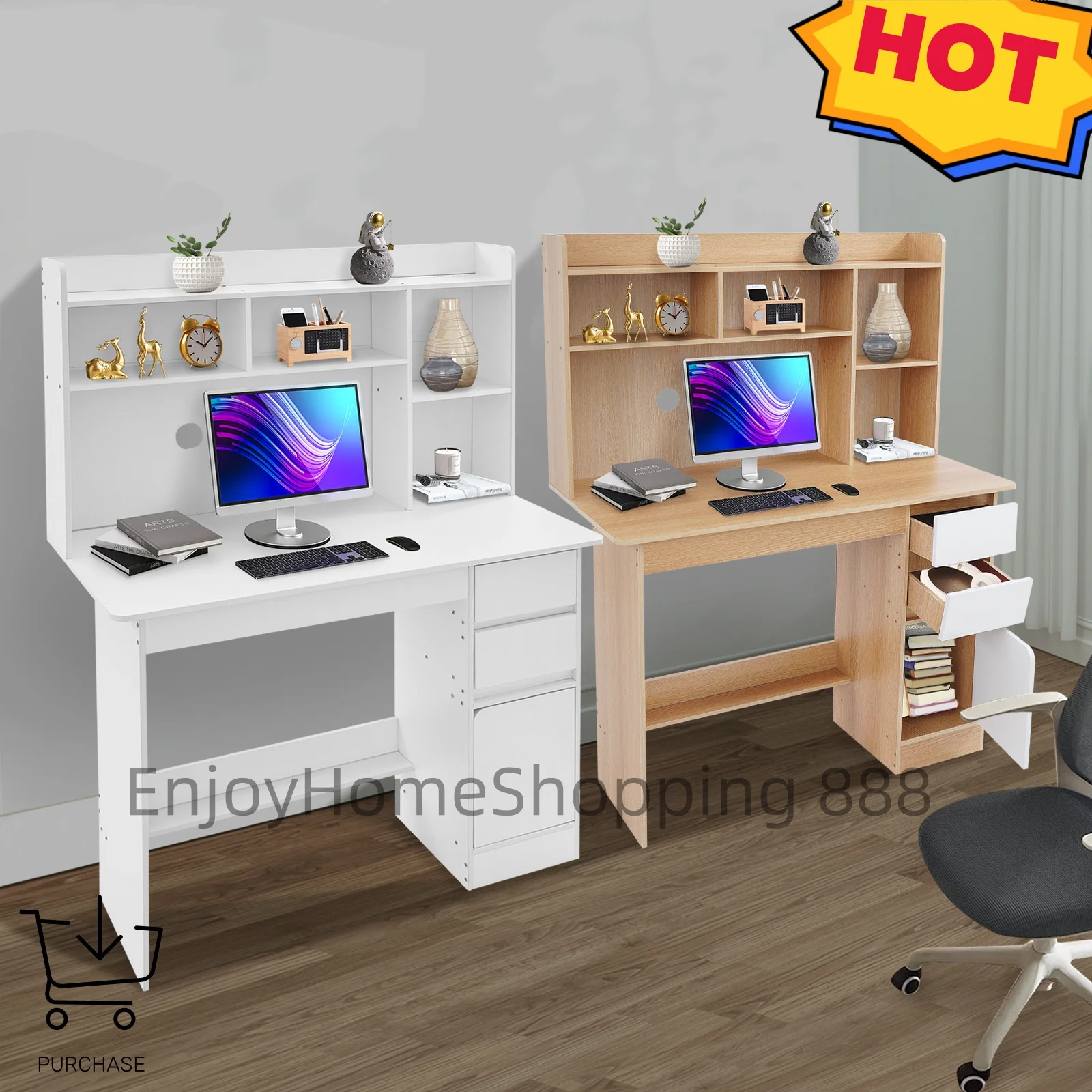 100cm Warm White/Oak Study Desk with Bookshelf & Storage Modern Design, Drawers & Cabinet, Easy Assembly for Home Office