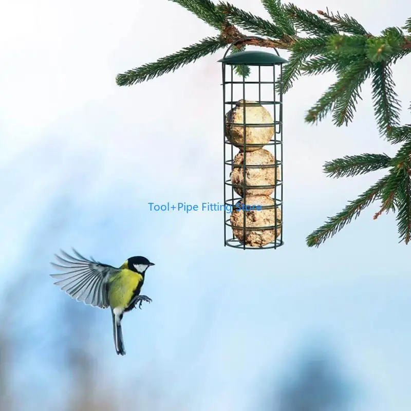F92B Bird Feeder with Lid Metal Mesh Bird Feeder Wild Bird Tube Feeders Hanging Suet Ball Holder Feeding Tool for Birds