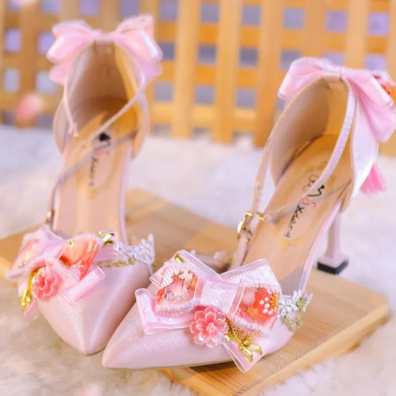 Pink Chinese Style Lolita High Heels Bow Floral Pointed Toe Pumps 5/8cm Heel Ankle Strap Sweet Lolita Shoes For Women