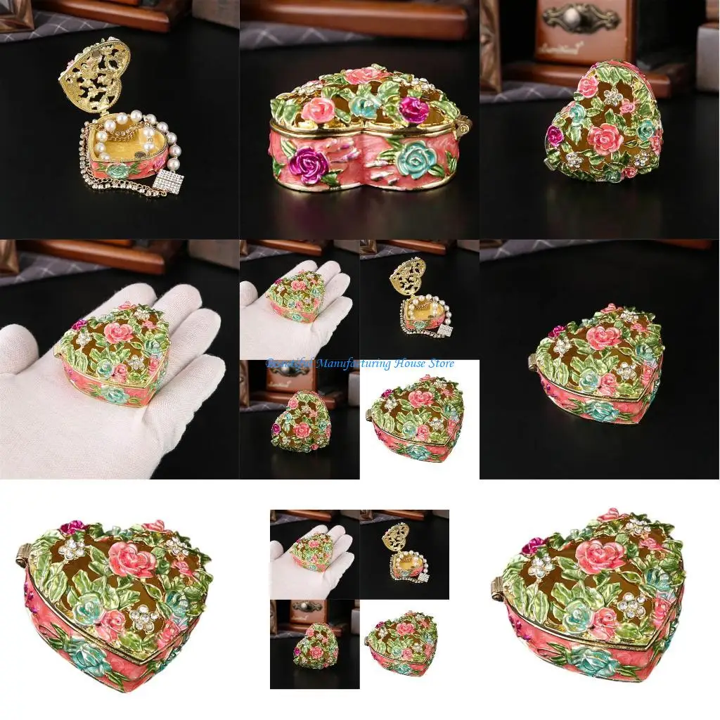 

E56A French Inspired Enamel Flower Jewelry Case Zinc Alloy Handcrafted Storage Solution For Necklaces Rings Earrings